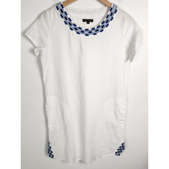 For Cynthia Women's Sz. S 100% Linen White & Blue Embroidered Shift Dress - Picture 1 of 8